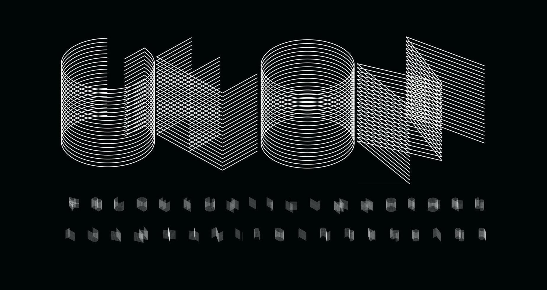 Alfabeto de futurismo 3D. fonte geométrica de linha fina, tipo minimalista para logotipo futurista moderno, título, monograma, letras criativas e tipografia maxi. letras da web mínimas, design tipográfico vetorial vetor
