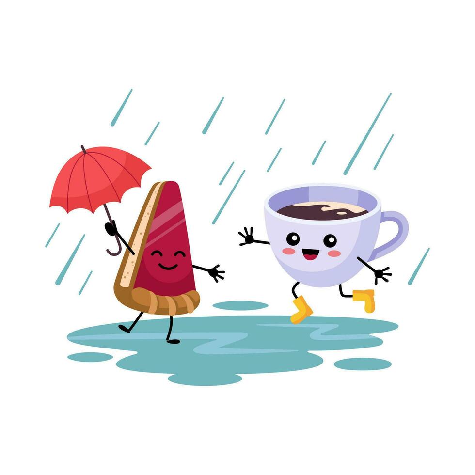 Olá outono acolhedor cartão postal. outono Tempo ilustração. feliz peça do torta com guarda-chuva e copo do cacau dentro borracha chuteiras pulando através poças dentro a chuva. desenho animado ilustração vetor