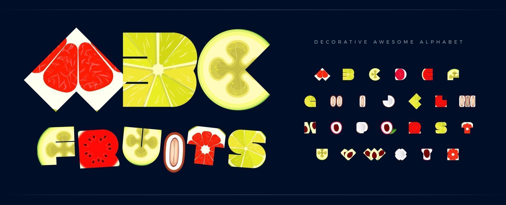 fonte de frutas frescas para o logotipo tropical frutado. alfabeto para restaurante e café, conjunto de letras de menu. comida saudável tipografia decorativa e vitamina de suco. design tipográfico de verão. vetor