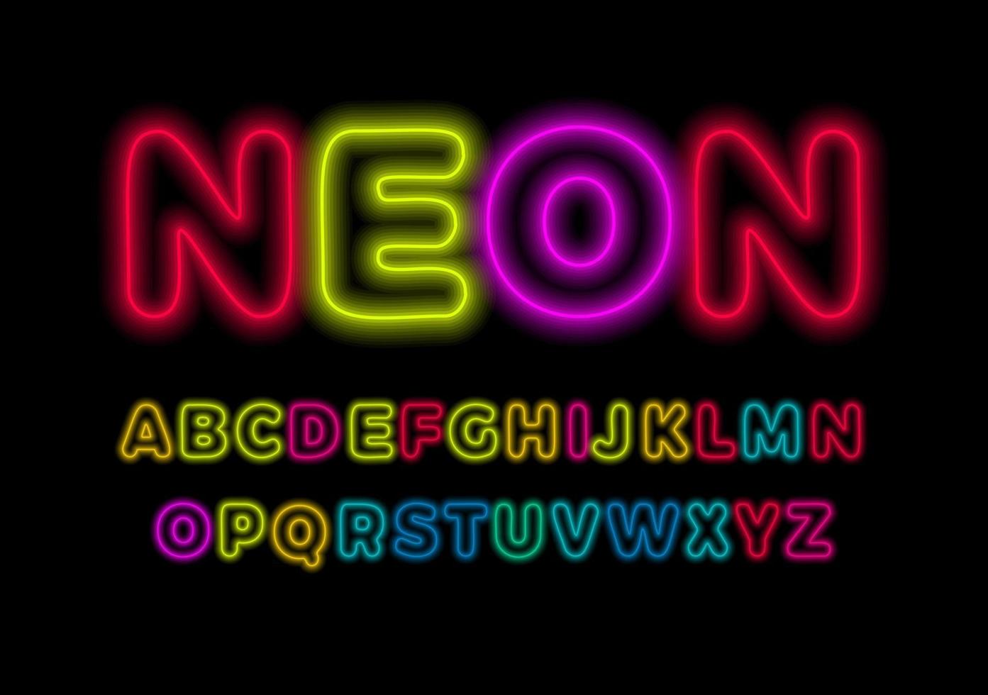 fonte de néon colorido, letra de contornos coloridos e números definidos com brilho colorido de néon sobre fundo preto. Tipo de brilho fluorescente para animação, cinema, aniversário de criança, vida noturna. tipografia vetorial vetor