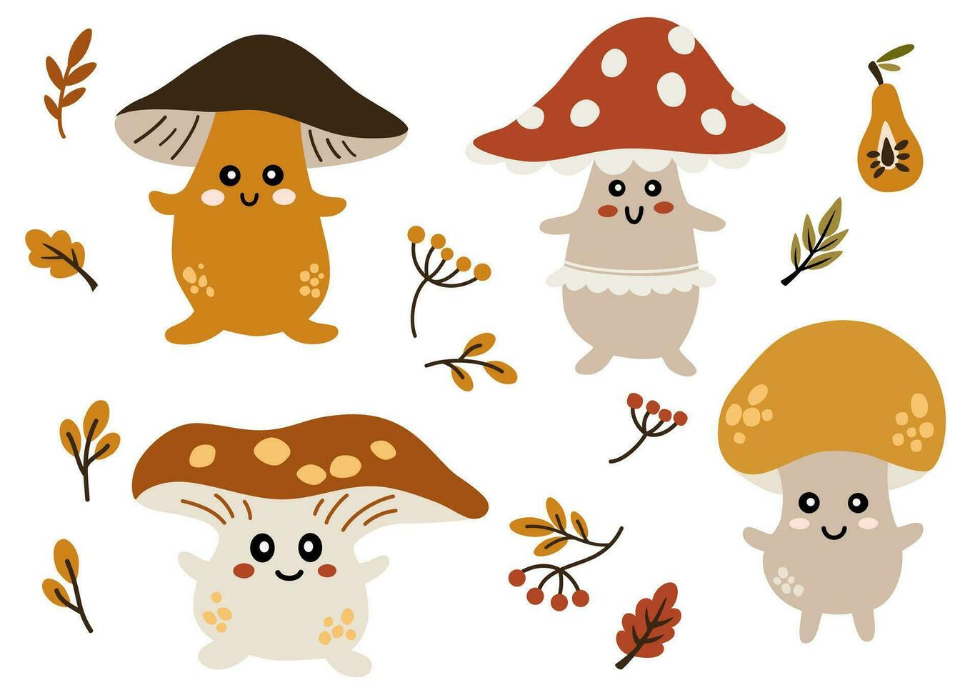 cogumelos personagens. engraçado antropomórfico fungos. desenho animado comestível e venenoso floresta organismos com rostos e mãos. outono folhas e bagas. vetor bosque