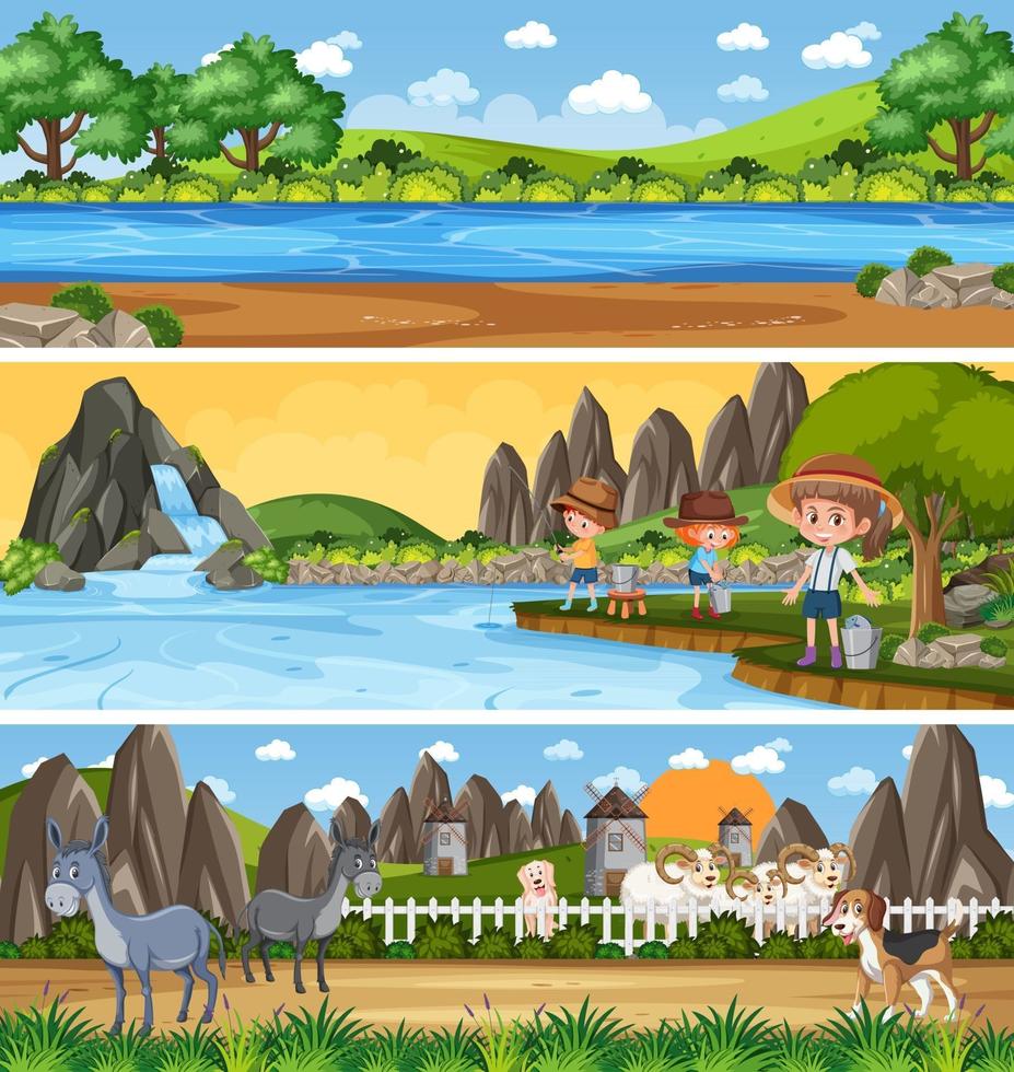 paisagem panorâmica de natureza diferente definida com personagem de desenho animado vetor