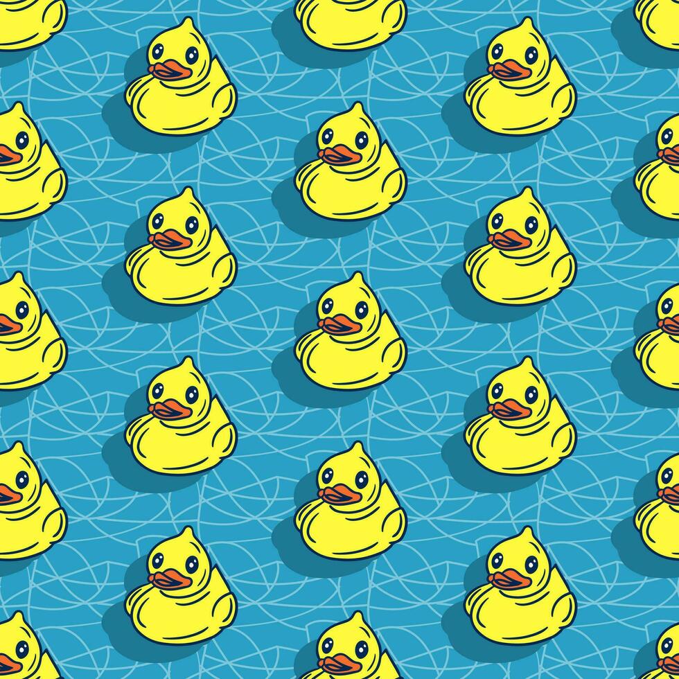 vetor plano amarelo banho Pato em água padronizar. desenho animado isolado patos em azul fundo. na moda vintage pop arte Projeto. adequado para casa decoração, crianças têxtil, invólucro papel, scrapbooking