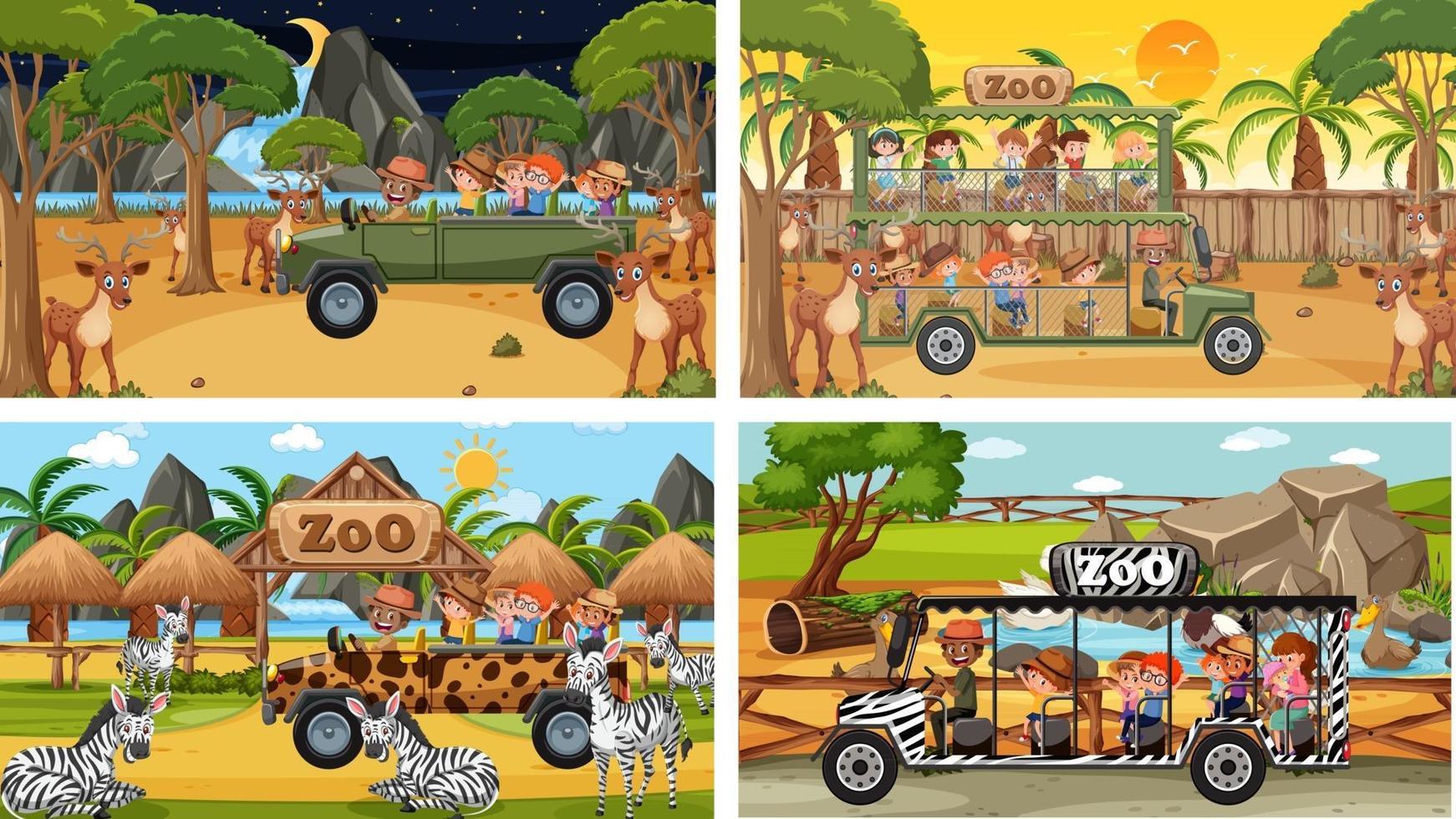 conjunto de diferentes cenas de safári com animais e personagens de desenhos animados infantis vetor