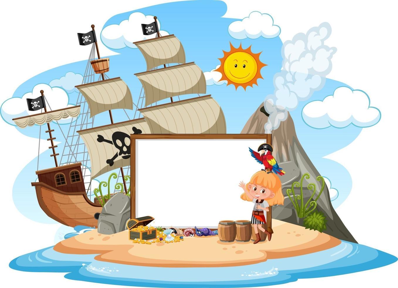 ilha pirata com modelo de banner em branco isolado vetor