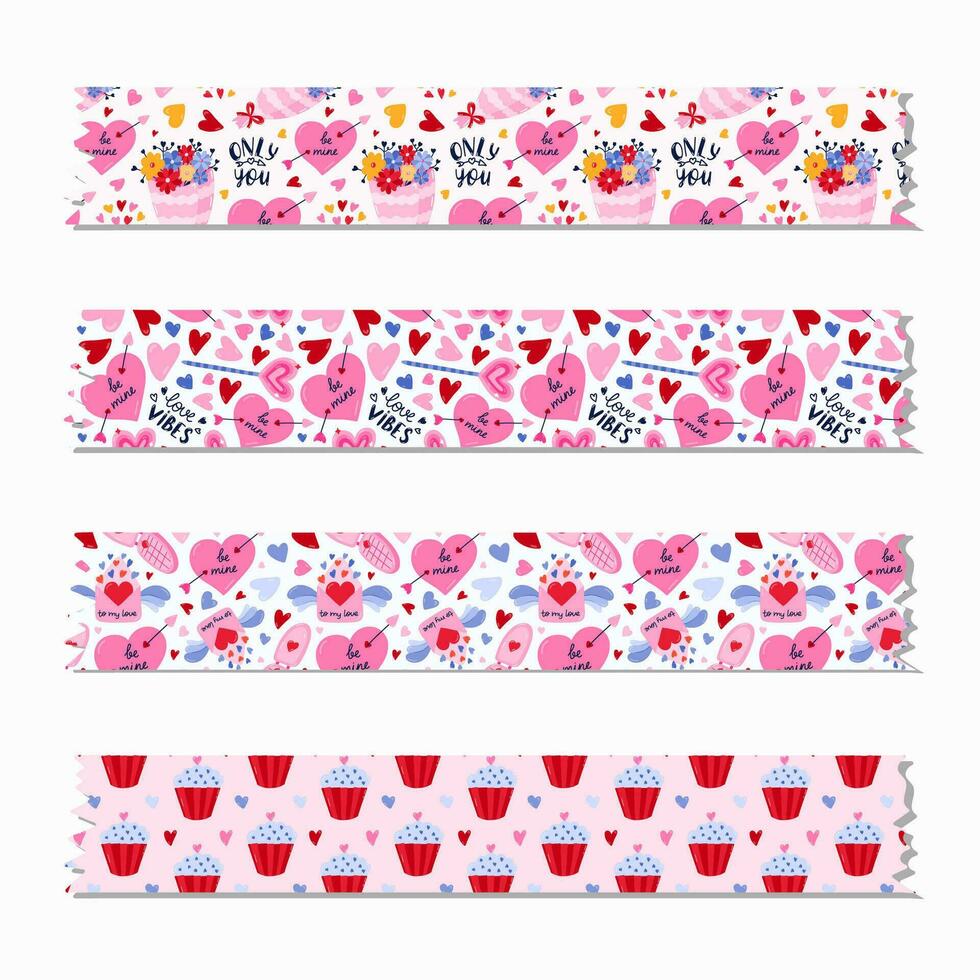 conjunto do fofa washi fita tiras com dia dos namorados dia padronizar sobre amor, romance. decorativo uísque fita com sombra e irregular arestas. isolado editável vetor. para página de recados, planejador, caderno, arte. vetor