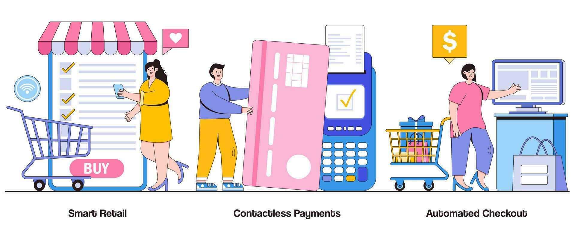 inteligente varejo, sem contato pagamentos, automatizado Verificação de saída conceito com personagem. digital compras experiência abstrato vetor ilustração definir. conveniência, desatado transações metáfora