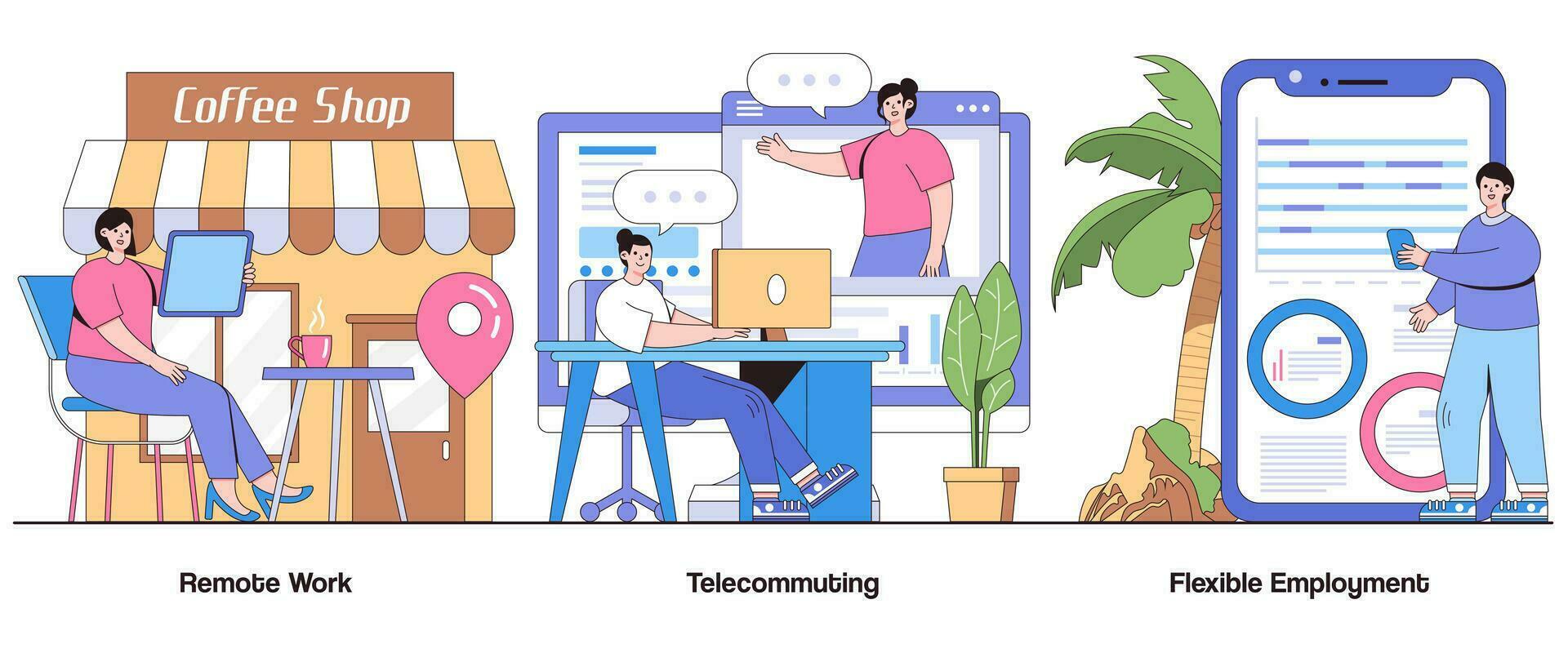 controlo remoto trabalhar, teletrabalho, flexível emprego conceito com personagem. digital área de trabalho abstrato vetor ilustração definir. vida de trabalho equilíbrio, produtividade, localização independência metáfora