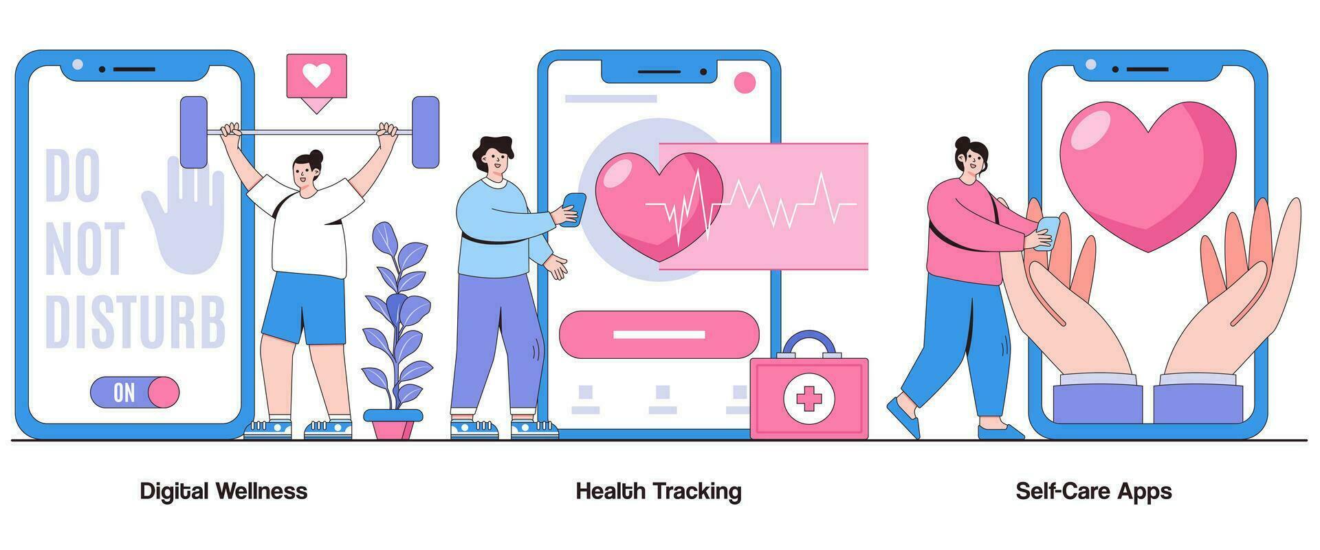 digital bem-estar, saúde monitorando, autocuidados apps conceito com personagem. bem estar tecnologia abstrato vetor ilustração definir. equilíbrio, auto-aperfeiçoamento, holístico saúde metáfora