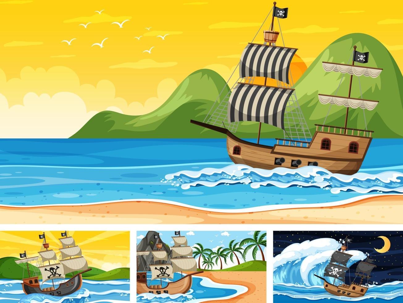 conjunto de oceano com navio pirata em diferentes momentos, cenas em estilo cartoon vetor