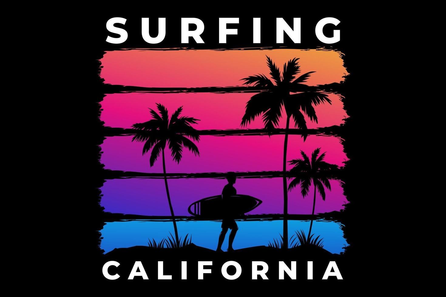 t-shirt surf california praia pôr do sol retro estilo vetor
