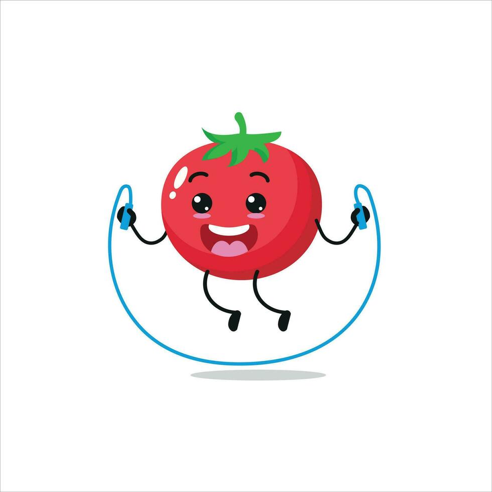 fofa e engraçado tomate fazendo pulando corda. vegetal fazendo ginástica ou Esportes exercícios. feliz personagem trabalhando Fora vetor ilustração.