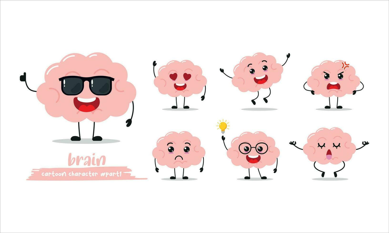 fofa cérebro desenho animado com muitos expressões. diferente atividade pose vetor ilustração plano Projeto conjunto com oculos escuros.