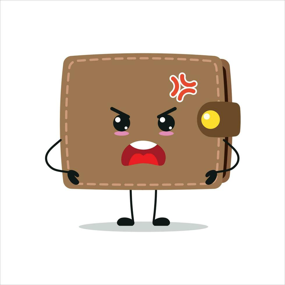 fofa Bravo carteira personagem. engraçado furioso Bolsa desenho animado emoticon dentro plano estilo. financeiro emoji vetor ilustração