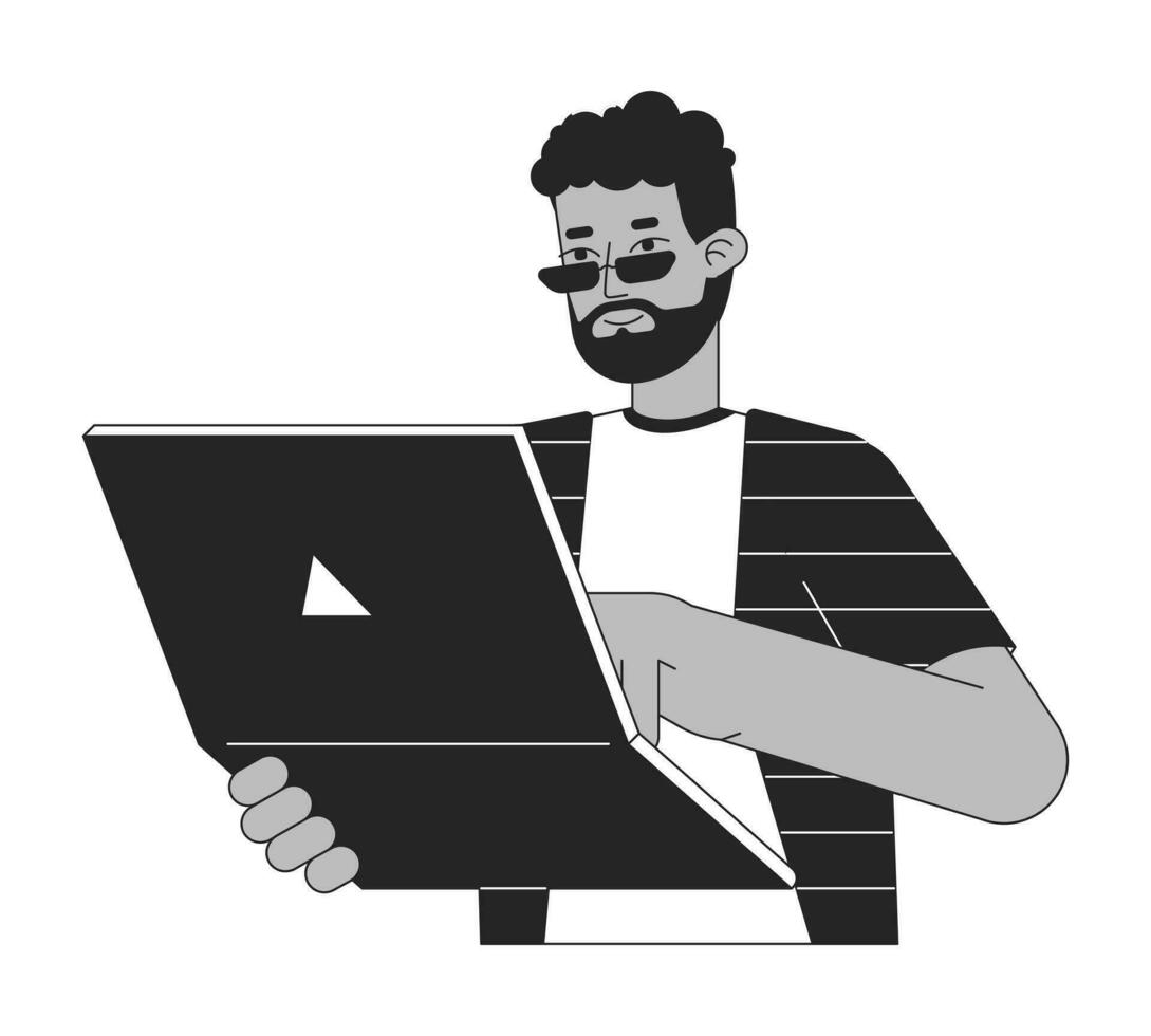 africano americano rede desenvolvedor plano linha Preto branco vetor personagem. editável esboço metade corpo homem trabalhando em computador portátil. simples desenho animado isolado local ilustração para rede gráfico Projeto