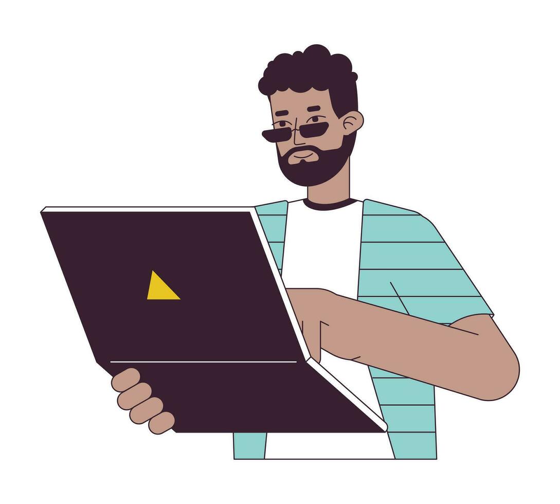 africano americano rede desenvolvedor plano linha cor vetor personagem. editável esboço metade corpo homem trabalhando em computador portátil em branco. simples desenho animado local ilustração para rede gráfico Projeto