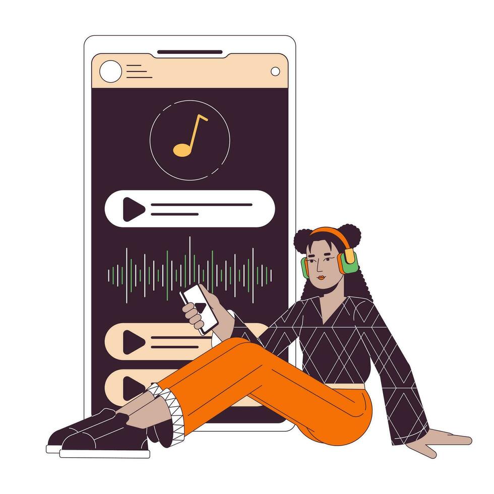 ouvindo para música em Smartphone plano linha conceito vetor local ilustração. mulher sentado dentro fones de ouvido 2d desenho animado esboço personagem em branco para rede ui Projeto. editável isolado cor herói imagem