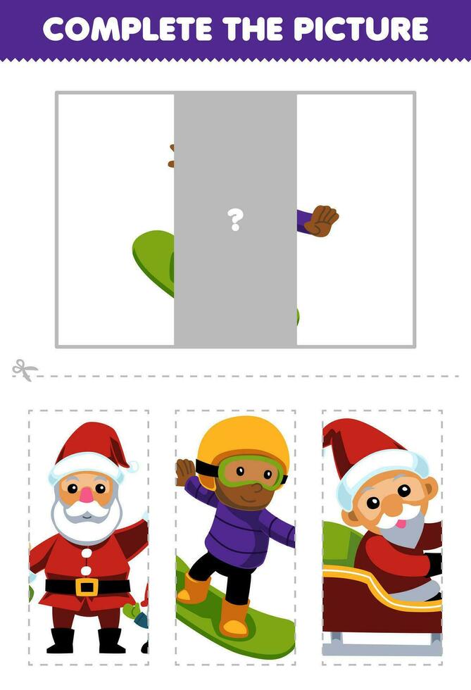 Educação jogos para crianças cortar e completo a corrigir cenário do fofa desenho animado Garoto jogando snowboard imprimível inverno planilha vetor