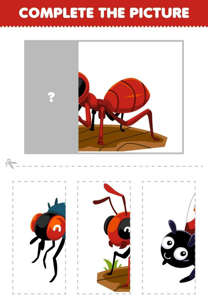 Educação jogos para crianças cortar e completo a corrigir cenário do fofa desenho animado formiga imprimível erro planilha vetor