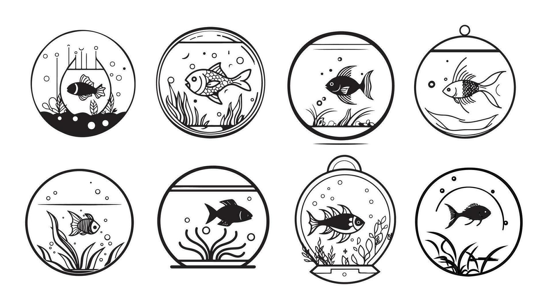 conjunto do peixe emblemas dentro a aquário esboço mão desenhado logotipo vetor ilustração