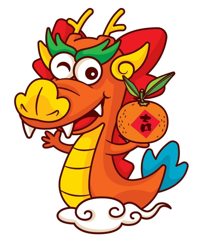 desenho animado fofa chinês Dragão zodíaco segurando tangerina laranja e equitação em nuvem personagem vetor. chinês Novo ano 2024 elemento vetor