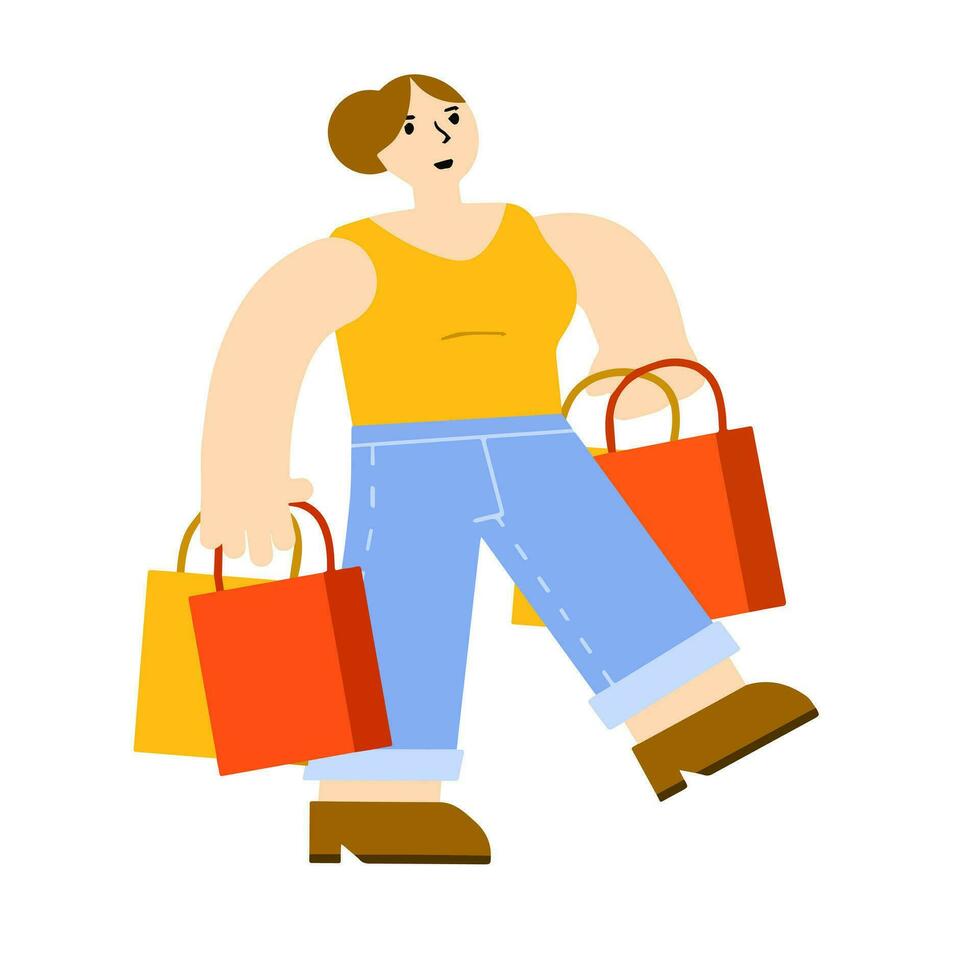 jovem mulher com bolsas. fêmea na moda personagem correr. menina anda em com uma pacote. plano moderno desenho animado ilustração. compras e compra vetor