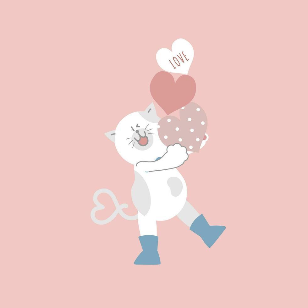 fofa e adorável branco gato e coração, feliz dia dos namorados dia, amor conceito, plano vetor ilustração desenho animado personagem traje Projeto
