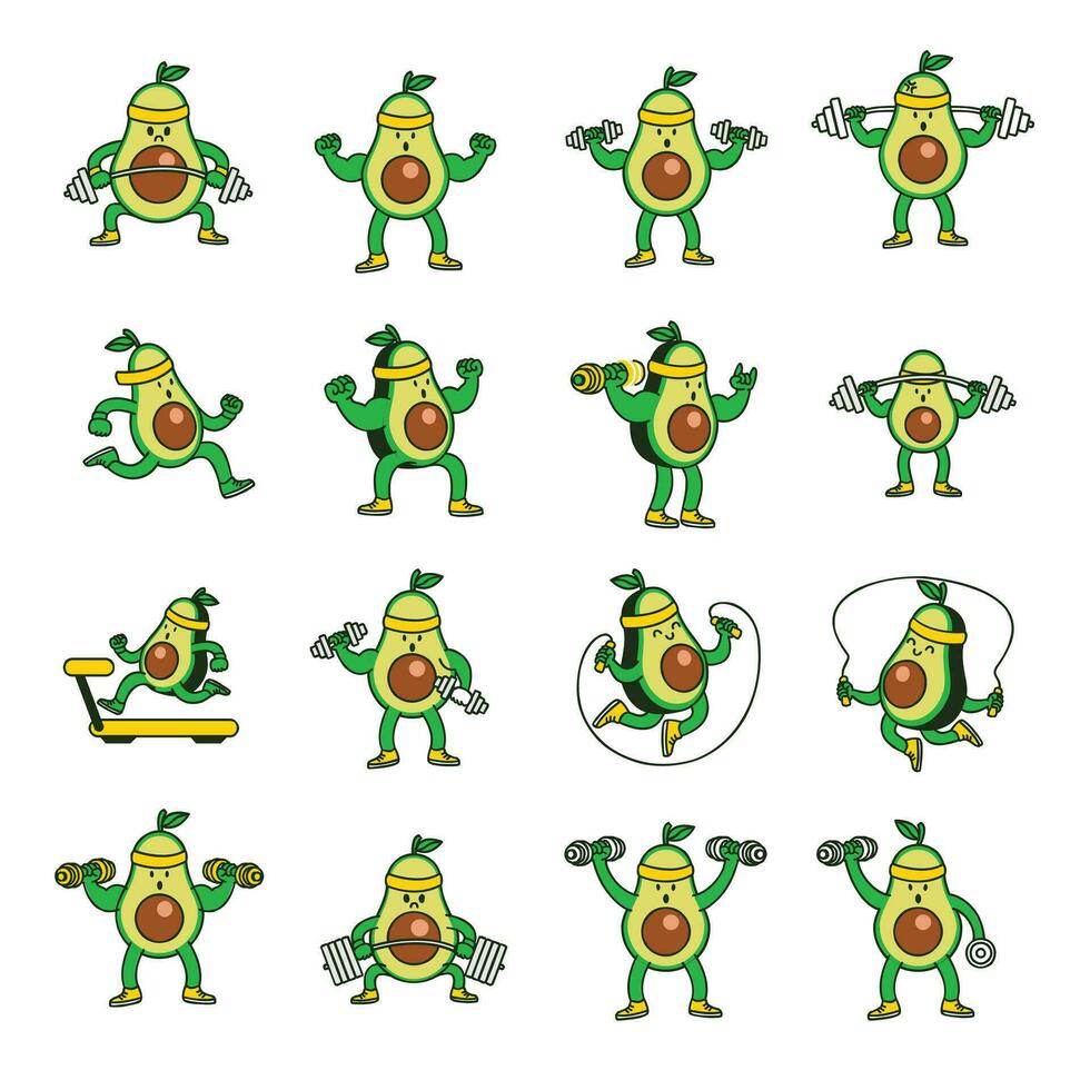 abacate exercite-se fofa personagem ilustração conjunto coleção vetor