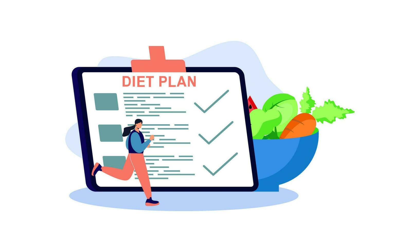 dieta plano lista de controle ilustração. pessoas fazendo exercício, Treinamento e planejamento dieta com fruta e vegetal. vetor