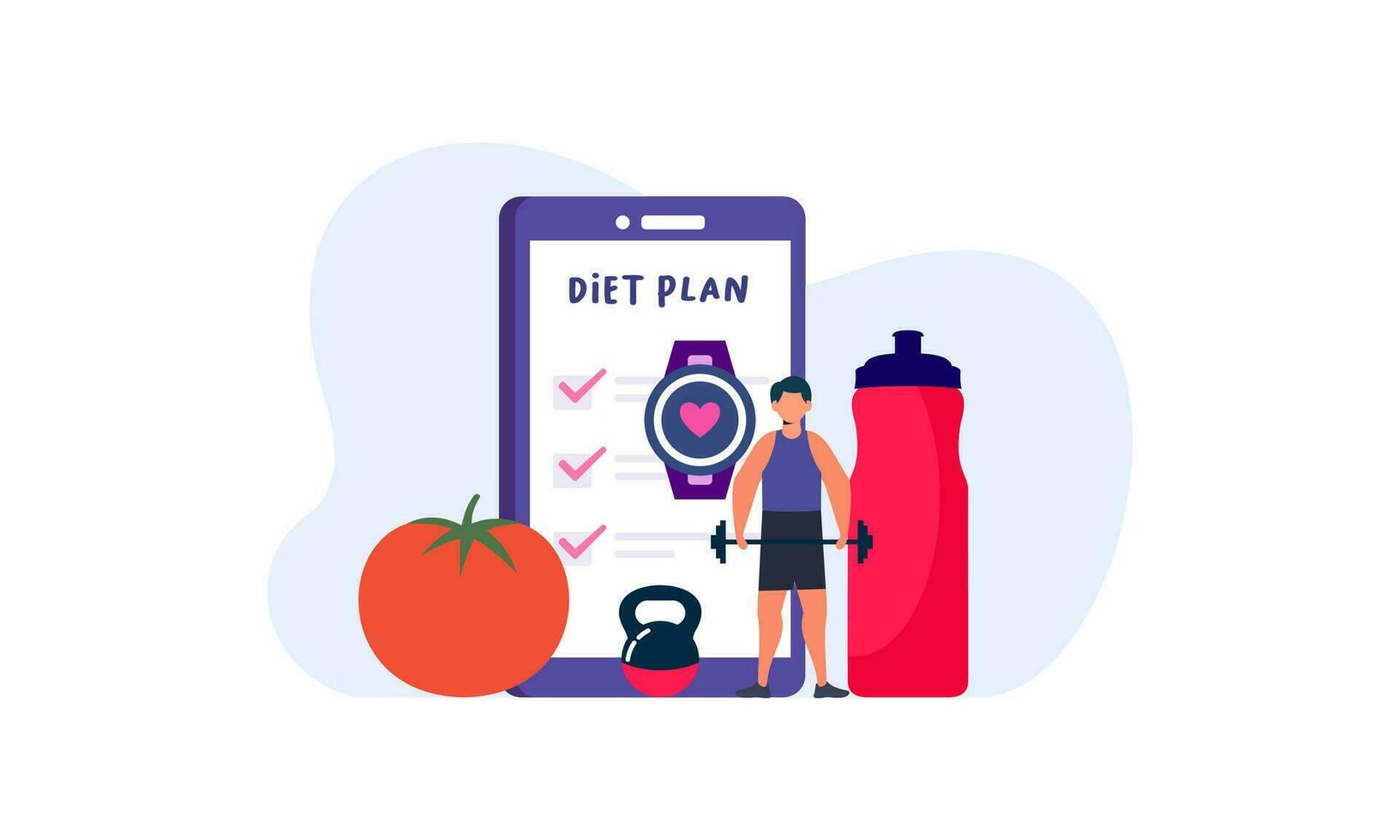 dieta plano lista de controle ilustração. pessoas fazendo exercício, Treinamento e planejamento dieta com fruta e vegetal. vetor