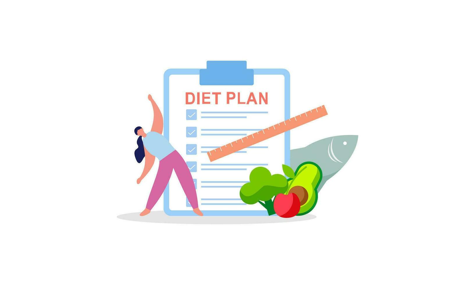 dieta plano lista de controle ilustração. pessoas fazendo exercício, Treinamento e planejamento dieta com fruta e vegetal. vetor