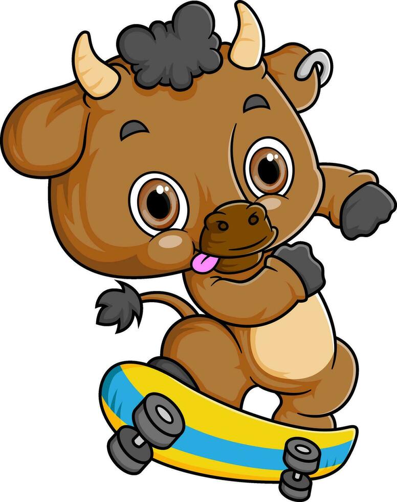 desenho animado pequeno búfalo jogando skate em branco fundo vetor