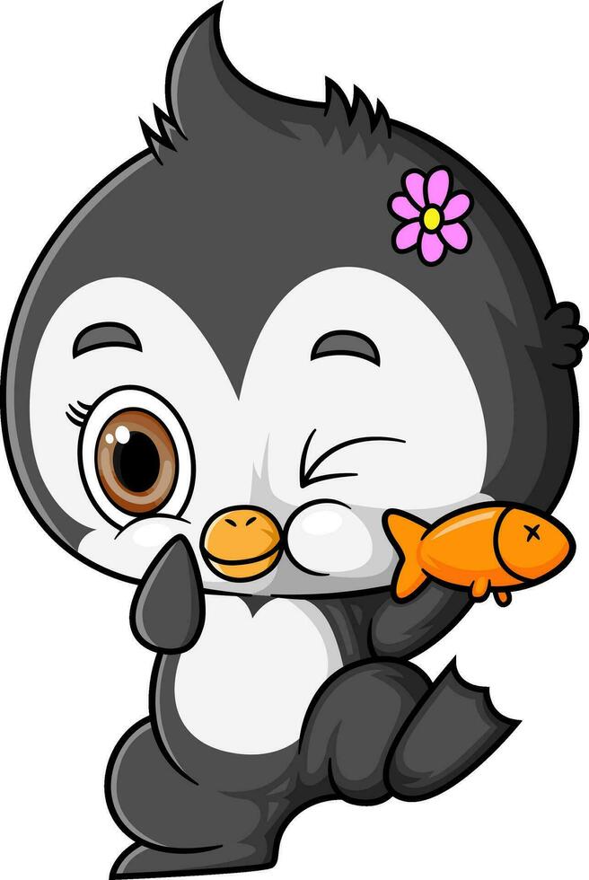 desenho animado pequeno pinguim segurando uma peixe vetor