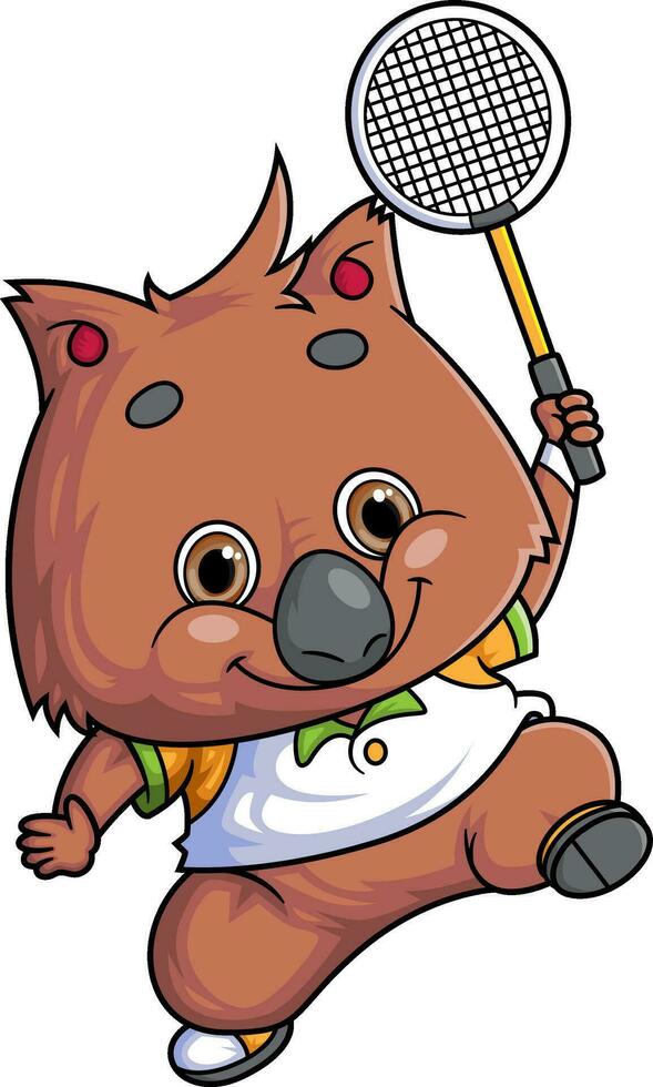 desenho animado fofa quokka personagem jogando badminton em branco fundo vetor