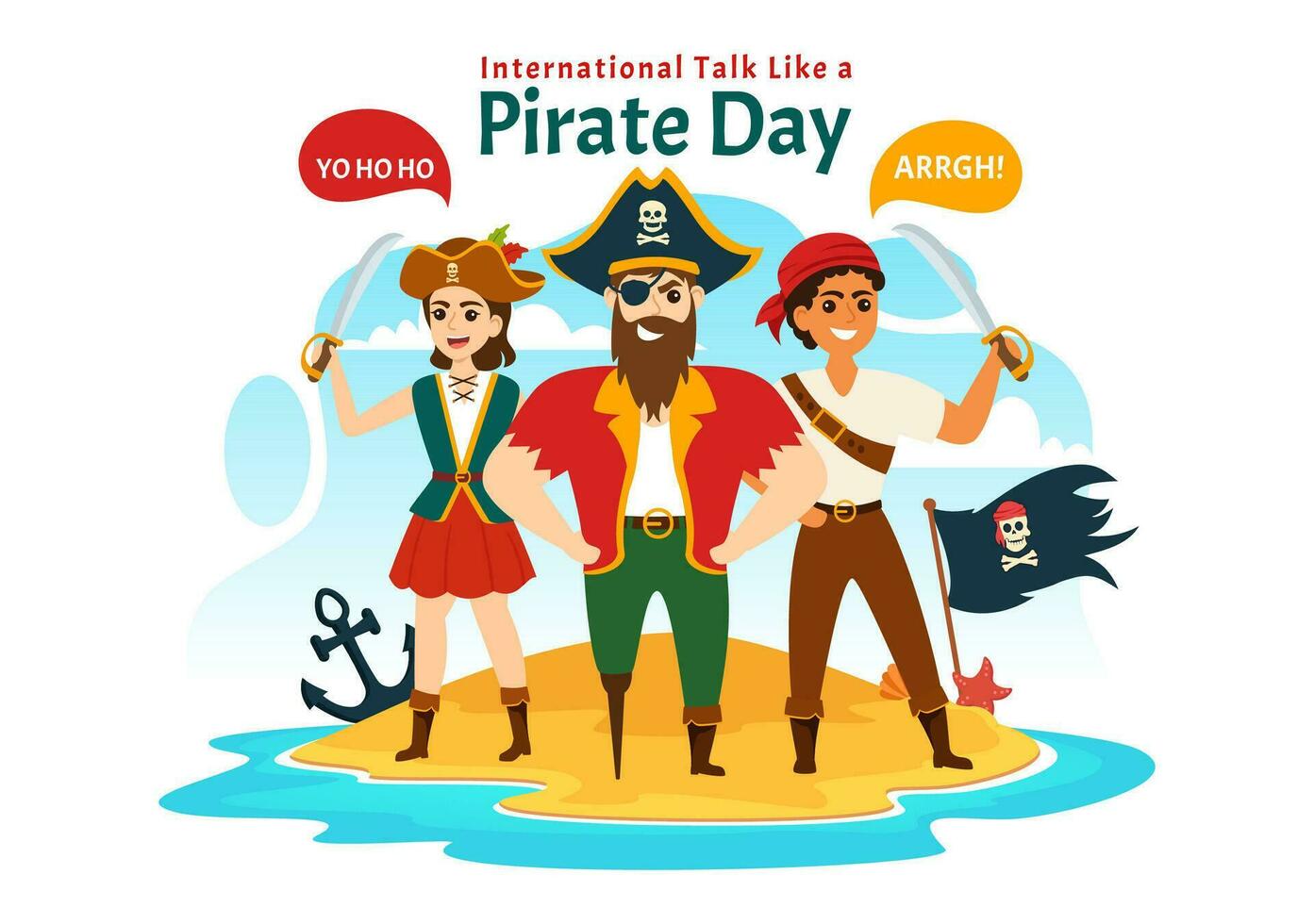 internacional conversa gostar uma pirata dia vetor ilustração com fofa piratas desenho animado personagem dentro mão desenhado para rede bandeira ou aterrissagem página modelos