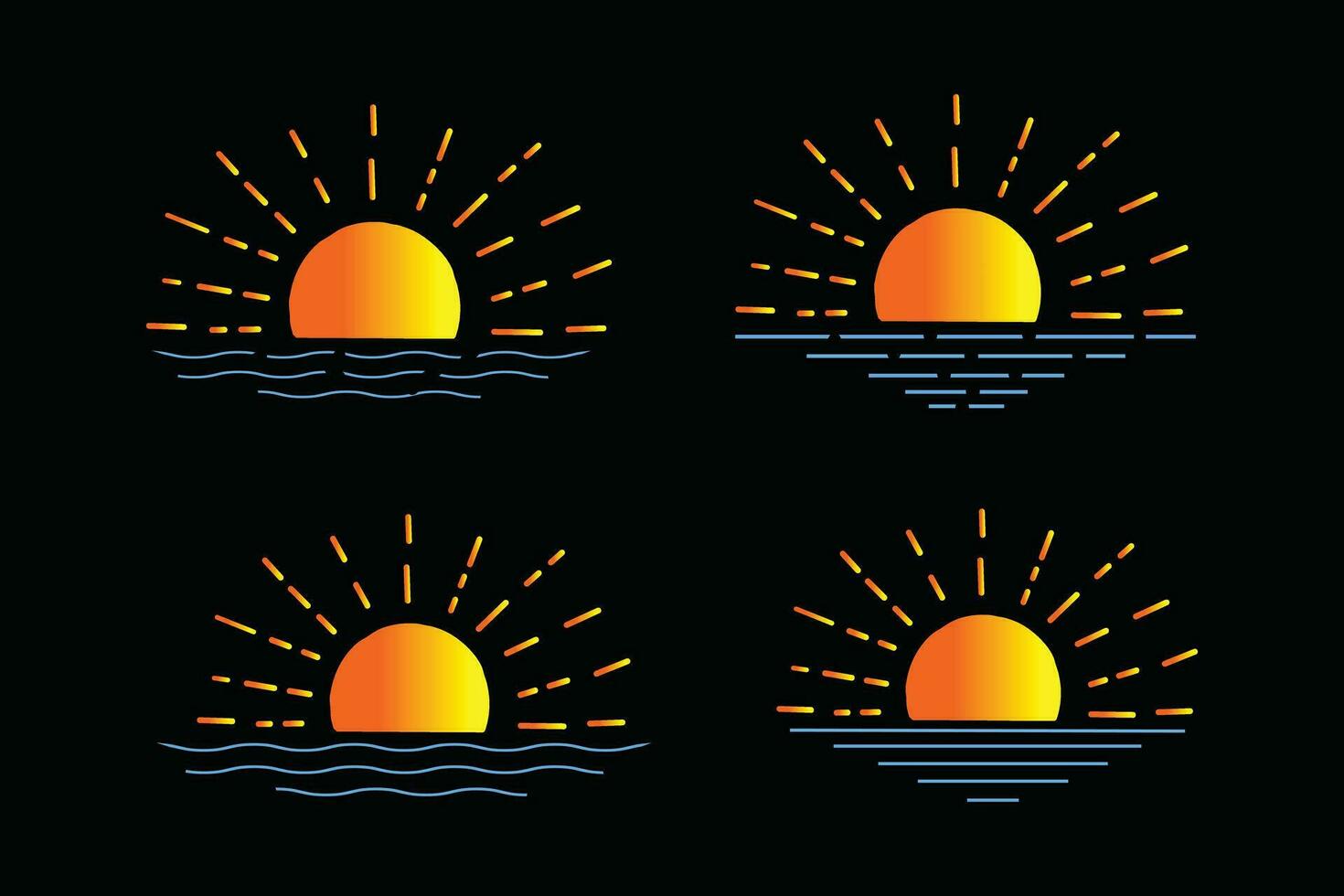 conjunto do desenhado à mão isolado Sol vetores, verão nascer do sol pôr do sol brilho do sol logotipo do sol ícone, Aumentar luz solar ícone, horário de verão raio de Sol ícones, linha arte amarelo Sol coleção, quente clima ícones, água ondas vetor