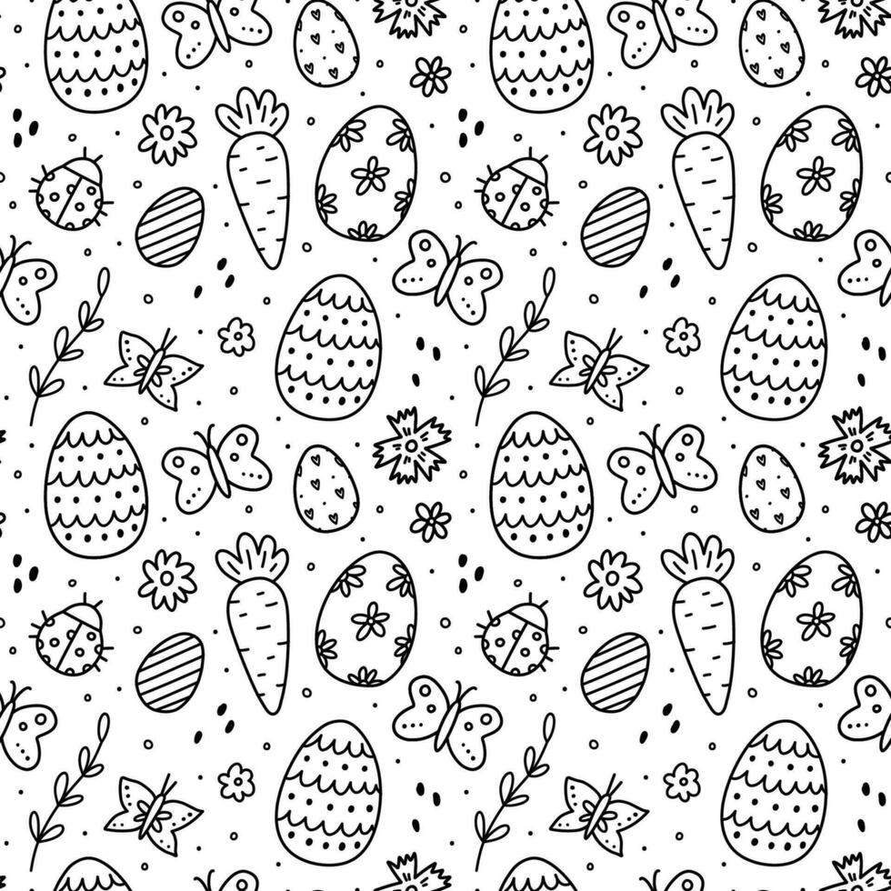 fofa desatado padronizar com Páscoa ovos, borboletas, joaninhas e flores vetor desenhado à mão rabisco ilustração. perfeito para feriado desenhos, imprimir, decorações invólucro papel, papel de parede.
