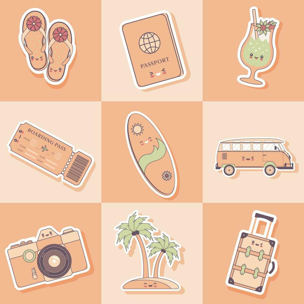 viagem adesivos. conjunto do viajando adesivos dentro estilo kawaii. coleção incluir giro fracassos, Passaporte, coquetel, bilhete, prancha de surfe, ônibus, Câmera, Palma árvore, mala. vetor