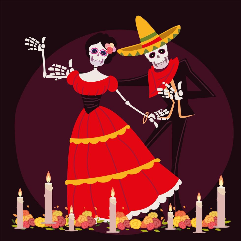 dia dos mortos, catrina e esqueleto com fantasia de festa mexicana vetor