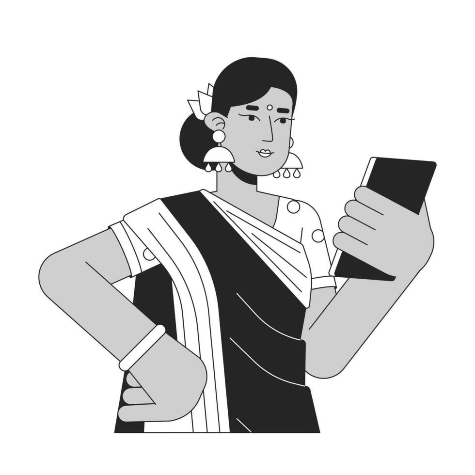 indiano mulher olhando em Smartphone plano linha Preto branco vetor personagem. editável esboço metade corpo pessoa. conectados comunicação simples desenho animado isolado local ilustração para rede gráfico Projeto