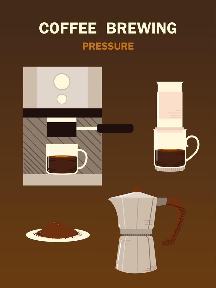 métodos de preparação de café, cafeteira expresso xícara moka e aeropress vetor