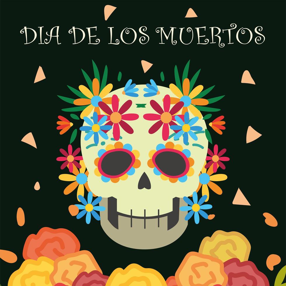 dia dos mortos, flores decorativas em celebração mexicana de caveira de açúcar vetor
