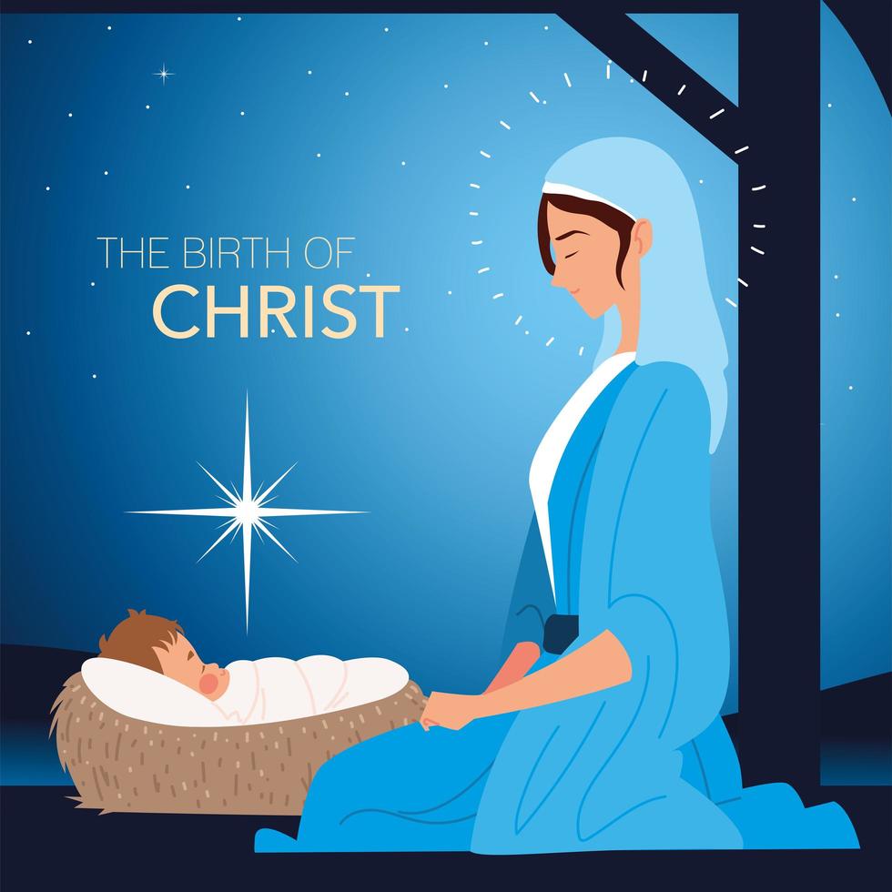 natividade, santa maria e bebê jesus, fundo de estrela azul brilhante vetor