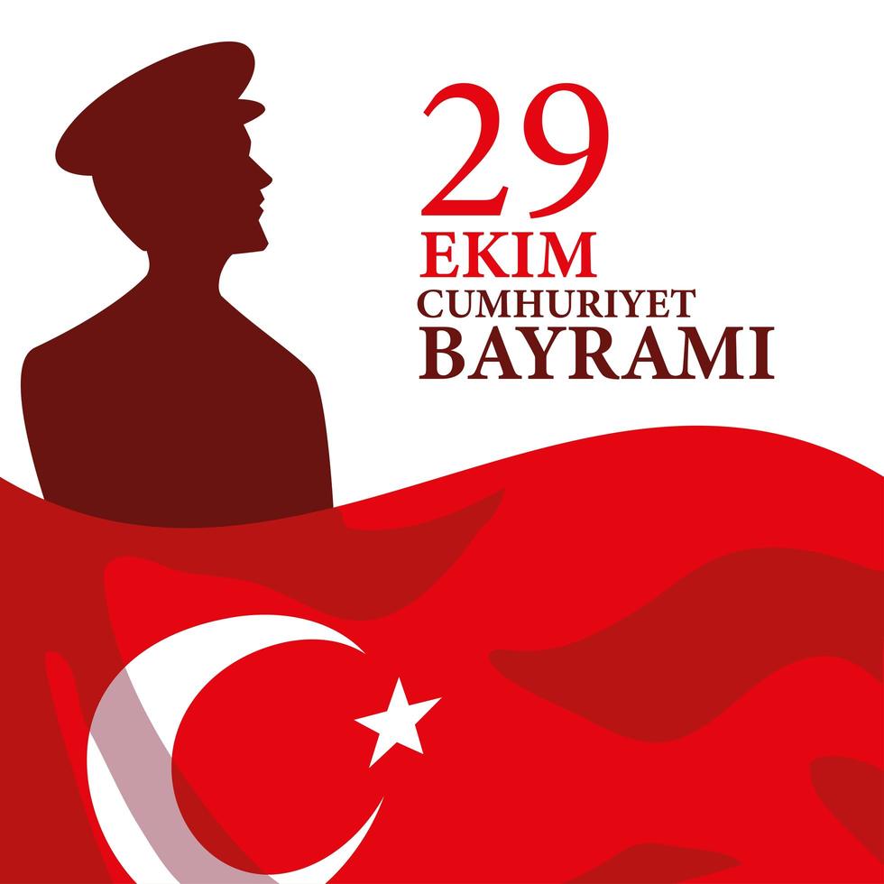 29 ekim cumhuriyet bayrami com bandeira turca e desenho de silhueta de homem ataturk vetor