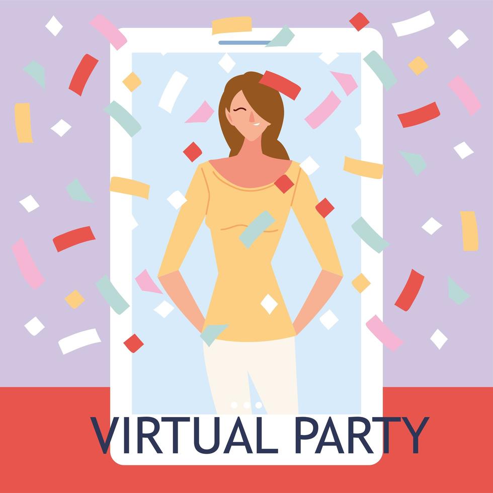 festa virtual com desenho de mulher e confetes em design de vetor de smartphone