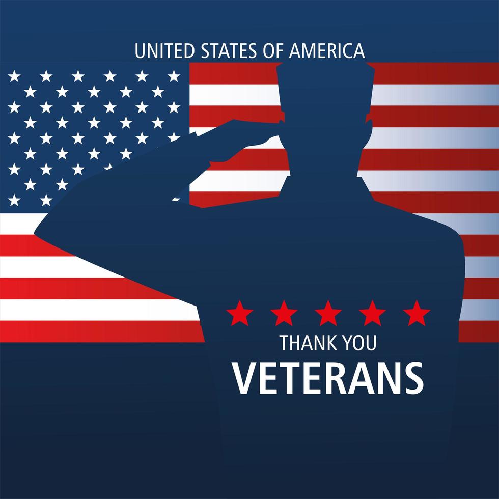 feliz dia dos veteranos, obrigado, soldado saudação na bandeira vetor
