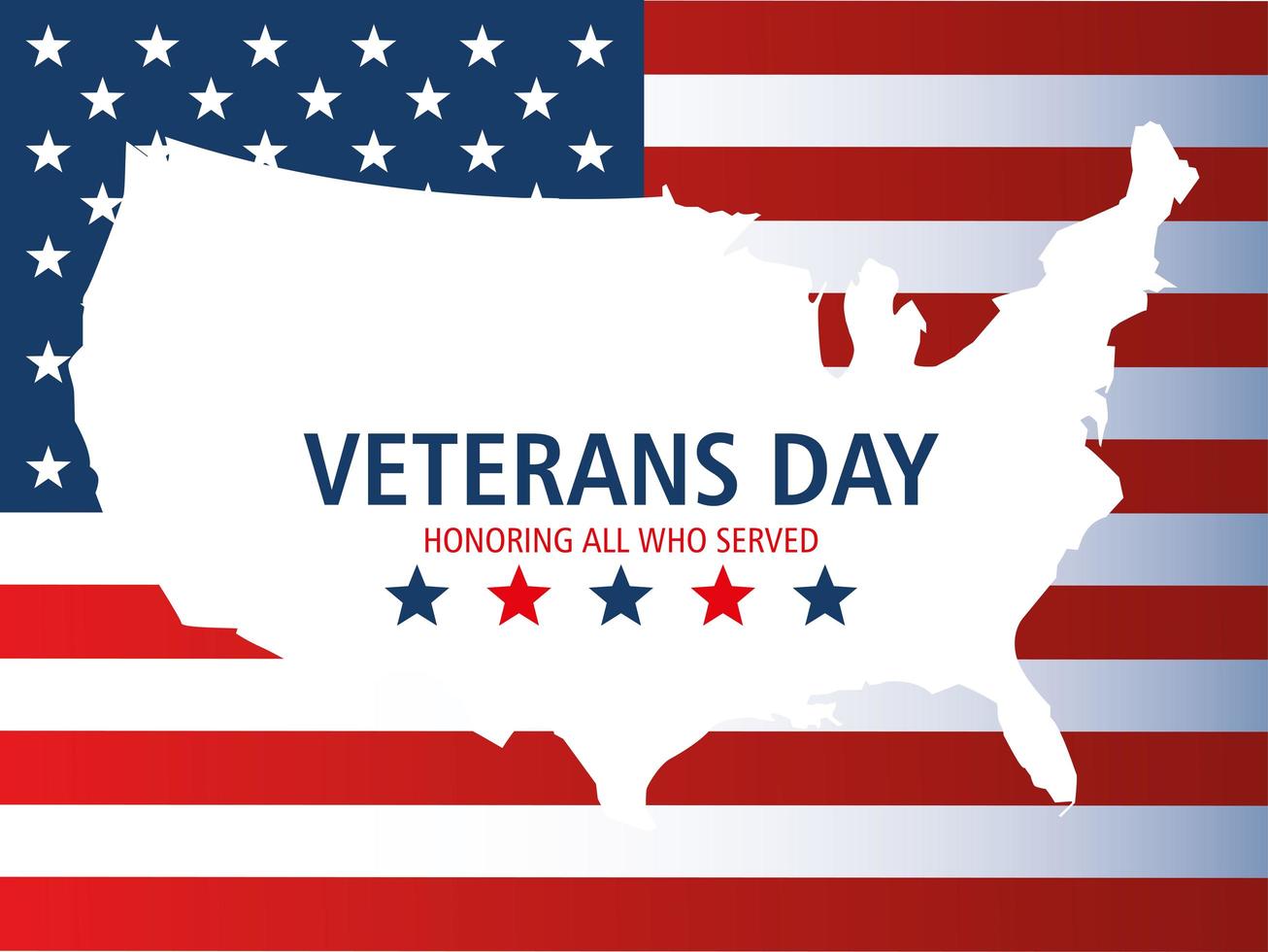 feliz dia dos veteranos, mapa em silhueta com a bandeira americana e estrelas vetor