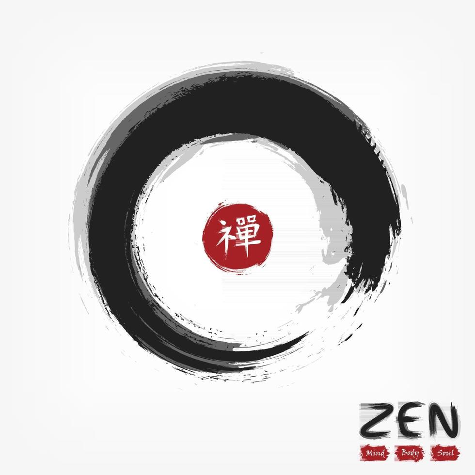 estilo de círculo enso zen. sumi e design. cor de sobreposição cinza preta. selo circular vermelho com caligrafia kanji chinesa. tradução do alfabeto japonês que significa zen. vetor