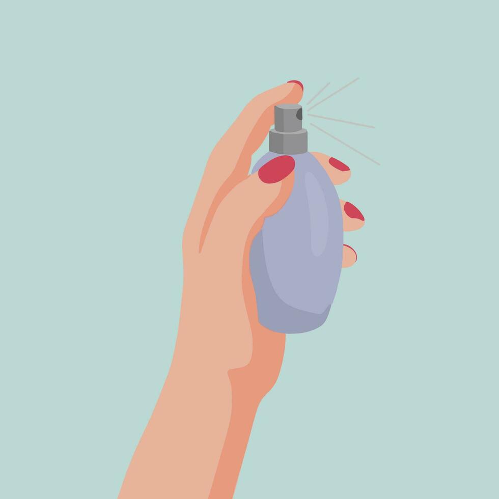 ilustração do fêmea mão segurando e pulverização perfume garrafa vetor imagem