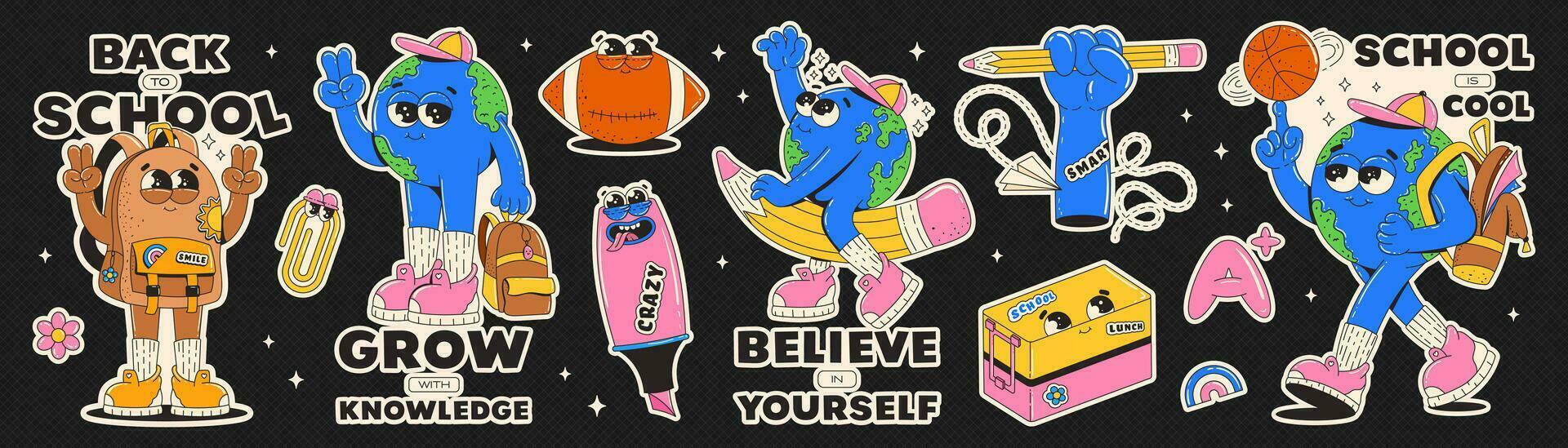 adesivo conjunto em temático costas para escola. funky retro groovy personagens. terra planeta, mochila, marcador, almoço caixa, bola. motivação frases e slogan. contemporâneo vetor ilustração.